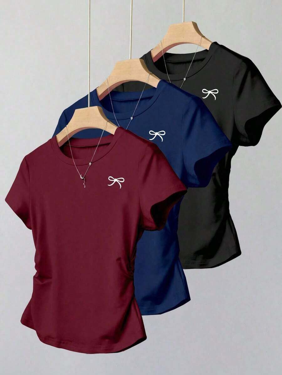 Camiseta ajustada con estampado de lazo para mujer, estilo versátil y elegante para el verano, vuelta al colegio, uso diario, fiesta, cita, que atrae mucha atención - Multicolor 8 - Ver 1