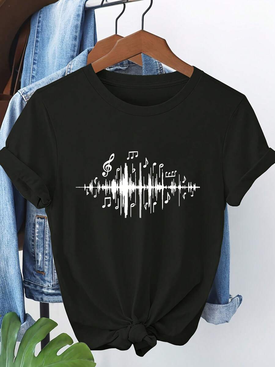 Camiseta Premium para Mujer en Rosa Suave con Diseño de Notas Musicales - Diseño de notas pastel, top transpirable para uso diario, adecuada para conciertos, prácticas y uso casual - Modelo 539, camiseta de manga corta, de moda de verano, tela cómoda, ecológica. - Negro - Ver 1