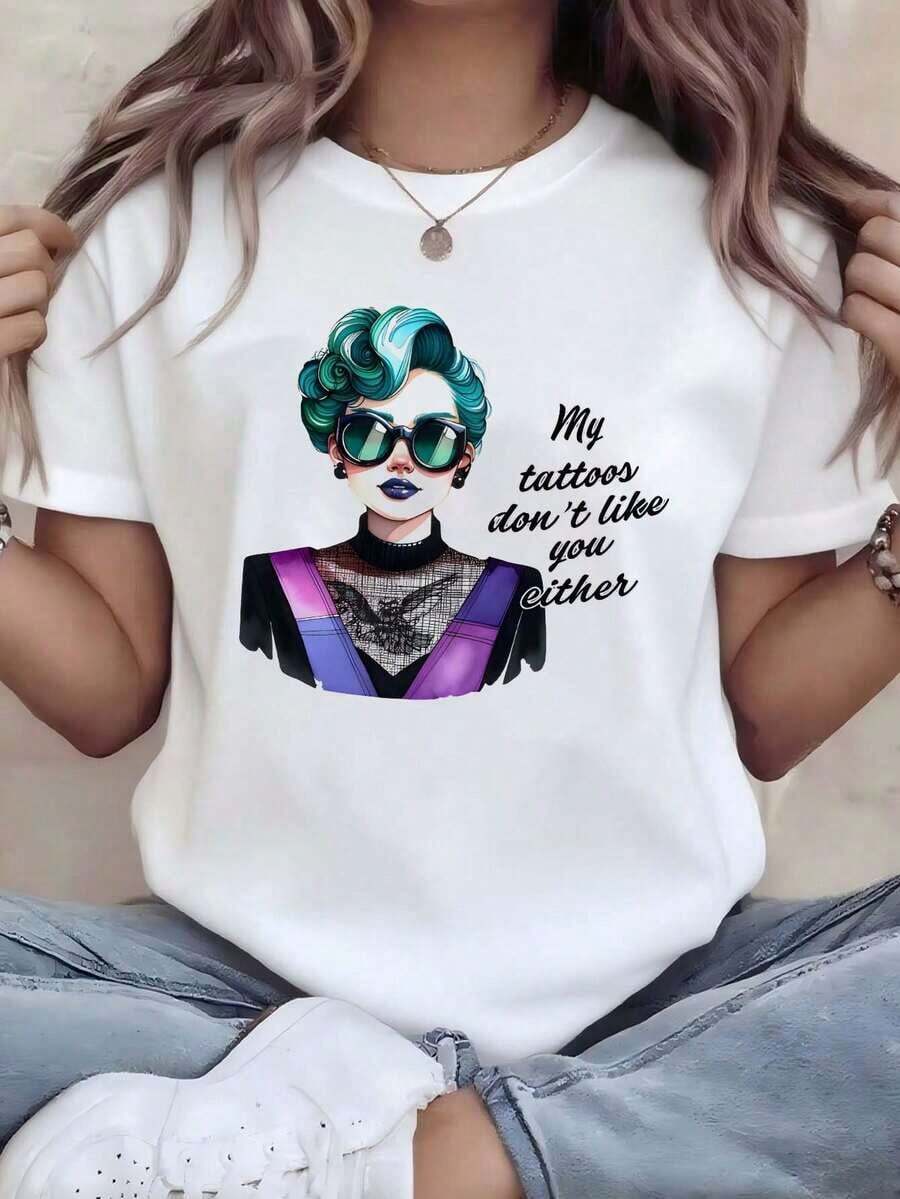 Camiseta Gráfica Minimalista para Mujer con Estampado de Tatuajes y Frases Sarcásticas, Estilo Cool y Atrevido, Manga Corta, Cuello Redondo, Algodón Casual, Tallas Grandes, Ropa de Moda Mexi - Blanco - Ver 1