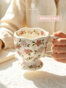 1pc Cute Handpainted Floral Ceramic Mug, Farmhouse Style Milk Cup, Coffee Cup, Home Decor Essential, Holiday & Birthday Gift - Multicolor - View 1