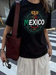 Suave Camiseta Oversize para Mujer con Gráfico del Emblema Nacional de México (Águila), Cuello Redondo Casual, Manga Corta, Corte Holgado, Estilo Urbano Orgullo Mexicano Cinco de Mayo para Verano, Vacaciones, Uso Diario, Regalo para Ella, blusas para mujer elegante - Negro - Ver 6