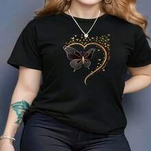 Women's Elegant Black Cotton T-Shirt With Gold Butterfly Heart Print, Round Neck Short Sleeve Casual Top - 黑色 - 查看 1