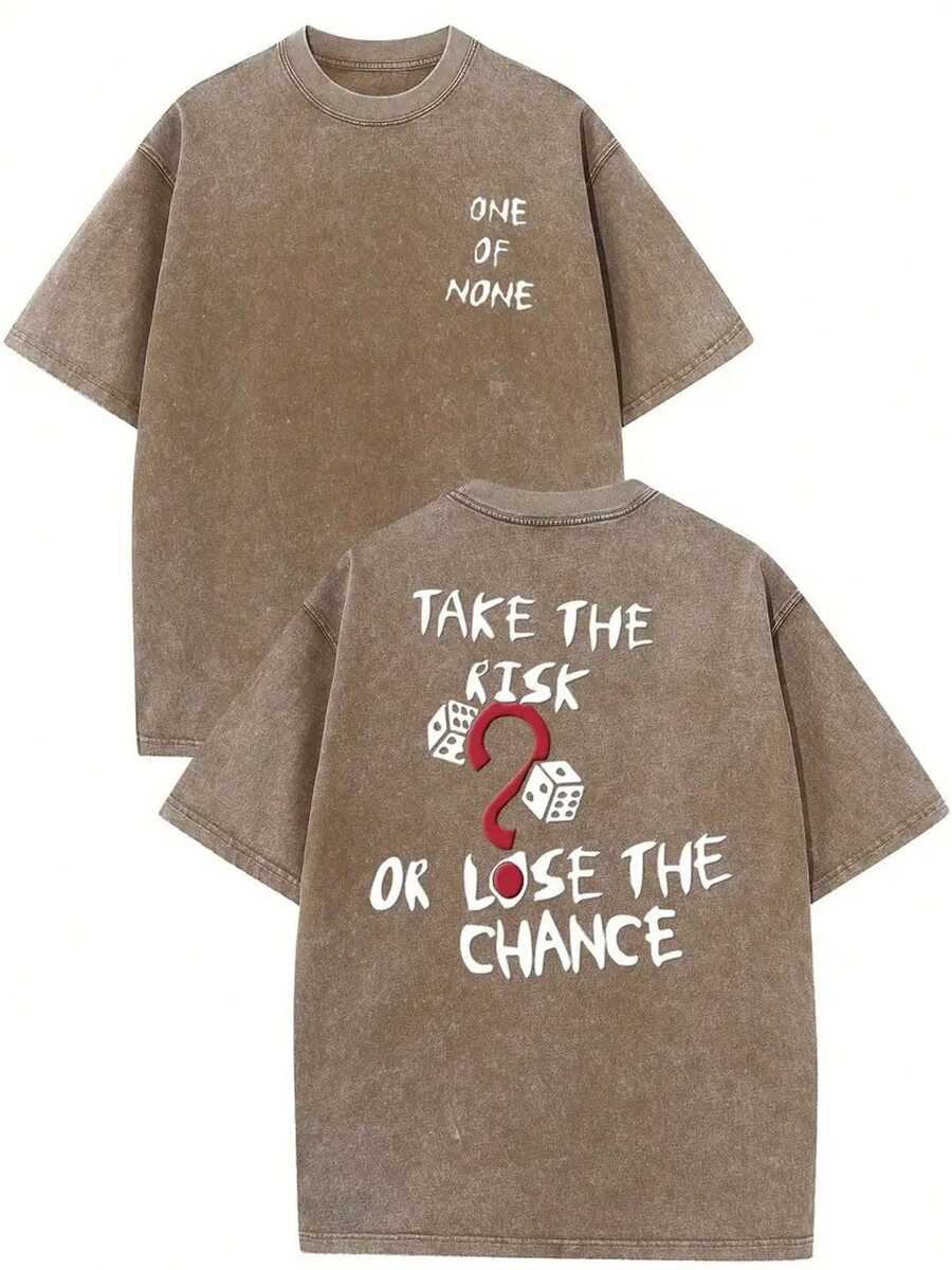 A Vintage-Style T-Shirt With The Print "Either You Take Risks Or You Miss Opportunities", Made From 230g Double-Sided Washed Cotton, With A Brown Background And White Print, Urban Casual Style, A Perfect Summer Gift For Adults. - 咖啡色 - 查看 1
