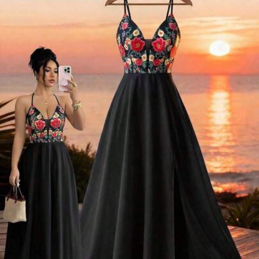 V-Neck Backless Tie-Up Hem Slit Waist Flattering Floral Print Dress, Elegant Casual Vacation Holiday Outfit - Negro - Ver 1