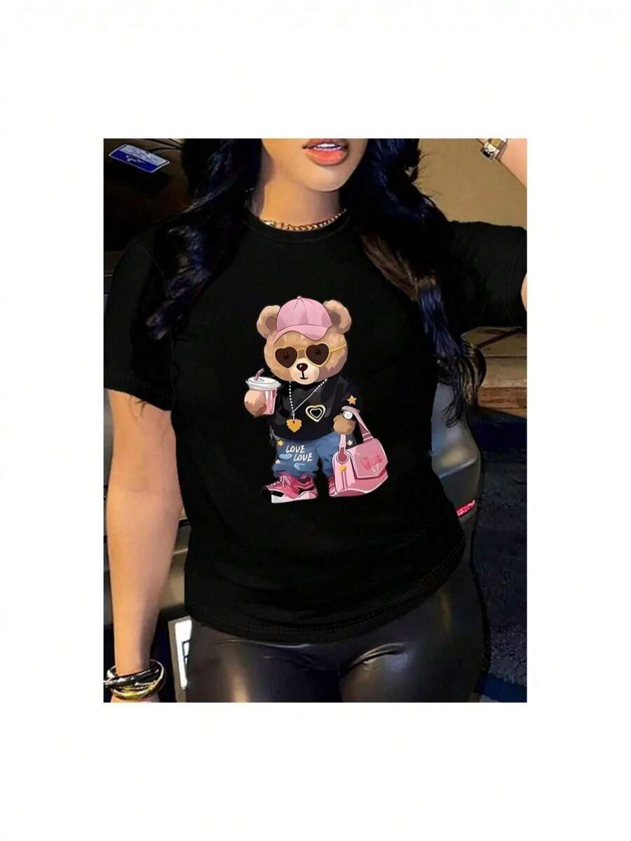 YOCASA Camiseta informal de verano para mujer, de cuello redondo, ajustada y manga corta, con estampado de pintura al óleo, floral, de corazones, de cerezas y de letras. Tejido informal sencillo, estilo deportivo, ideal para el día a día y para una cita de San Valentín..1 pcs,180g Pure Heavy,95%Polyester 5%Spandex - Negro - Ver 1
