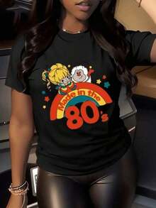 Ropa de Mujer, Estampado de Dibujos Animados "Rainbow Brite" de los 80, Camiseta Casual Estampada 100% Algodón de 220g, Camisetas Gráficas para Mujer, Tops, Conjuntos de Verano, Tops para Mujer, Unisex - Negro - Ver 1