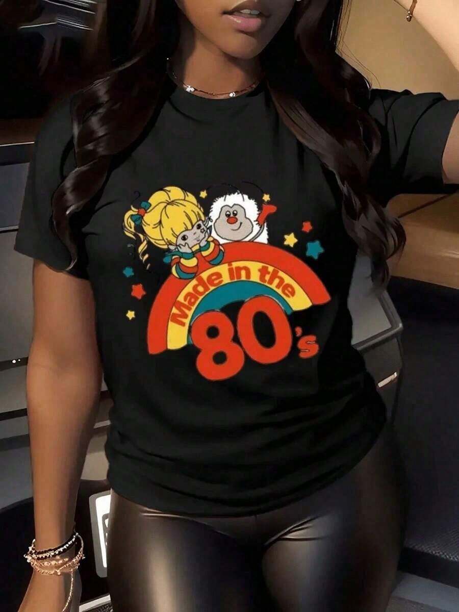 Ropa de Mujer, Estampado de Dibujos Animados "Rainbow Brite" de los 80, Camiseta Casual Estampada 100% Algodón de 220g, Camisetas Gráficas para Mujer, Tops, Conjuntos de Verano, Tops para Mujer, Unisex - Negro - Ver 1