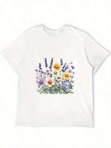 Camiseta de manga corta de gran tamaño para mujer - Estampado floral y de margaritas en blanco y lavanda, top casual de corte holgado con cuello redondo, tela nueva de 200g de peso pesado, blusa de temporada para usar con jeans y vestidos (lavable a máquina), camisetas de manga corta para mujer, blusas y tops para damas, blusas casuales para mujer, camisetas de manga corta de verano para damas, blusa para mujer, camisetas para mujer, blusa floral para mujer, ropa de flores para mujer, tops para mujer con rosas, camisetas florales para mujer, tops y camisetas gráficas para mujer, camisetas gráficas para mujer, camisetas de verano, camisetas casuales, conjuntos de vacaciones para mujer, diseño juvenil y a la moda. - Blanco - Ver 3