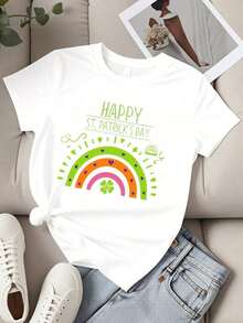 Camiseta Casual para Mujer Blanca con Estampado de Trébol Arcoíris para Celebrar el Día de San Patricio - Blanco - Ver 3