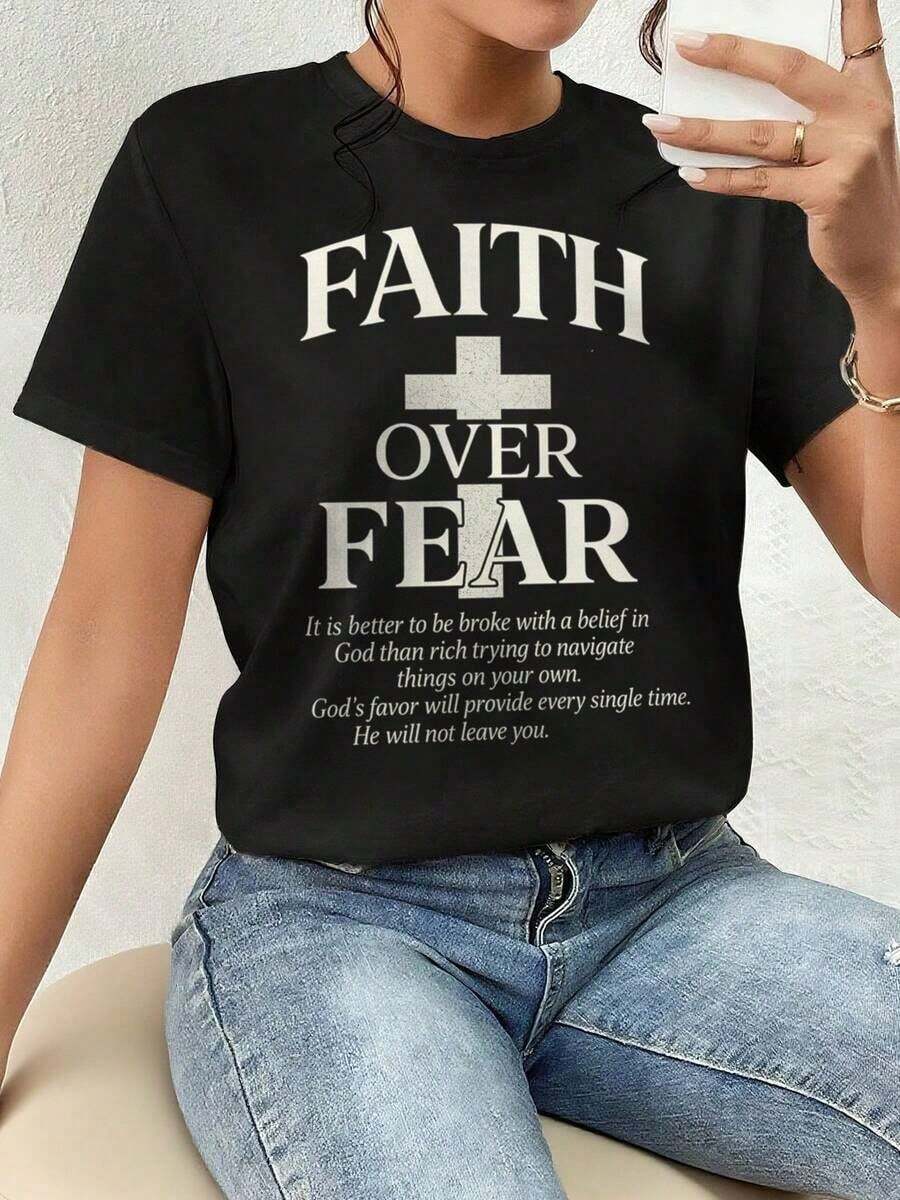 ofertas y liquidacionesPlayera Para Mujer,Camiseta Gráfica Estética - Faith Over Fear, Regalo para Hombres - Manfinity , Manga Corta de Verano, Cuello Redondo, Estampado Gráfico de Letras Casual, Ideal para Amigosplayera de hombretops sudaderas para mujer Y2k Camiseta Camisa De - Negro - Ver 1