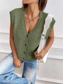 Chaleco de punto de color sólido, informal, de botonadura sencilla para mujer, otoño - Verde militar 2 - Ver 4
