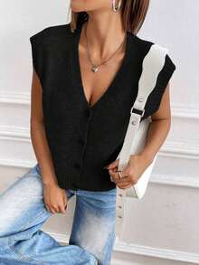 Chaleco de punto de color sólido, informal, de botonadura sencilla para mujer, otoño - Negro - Ver 4