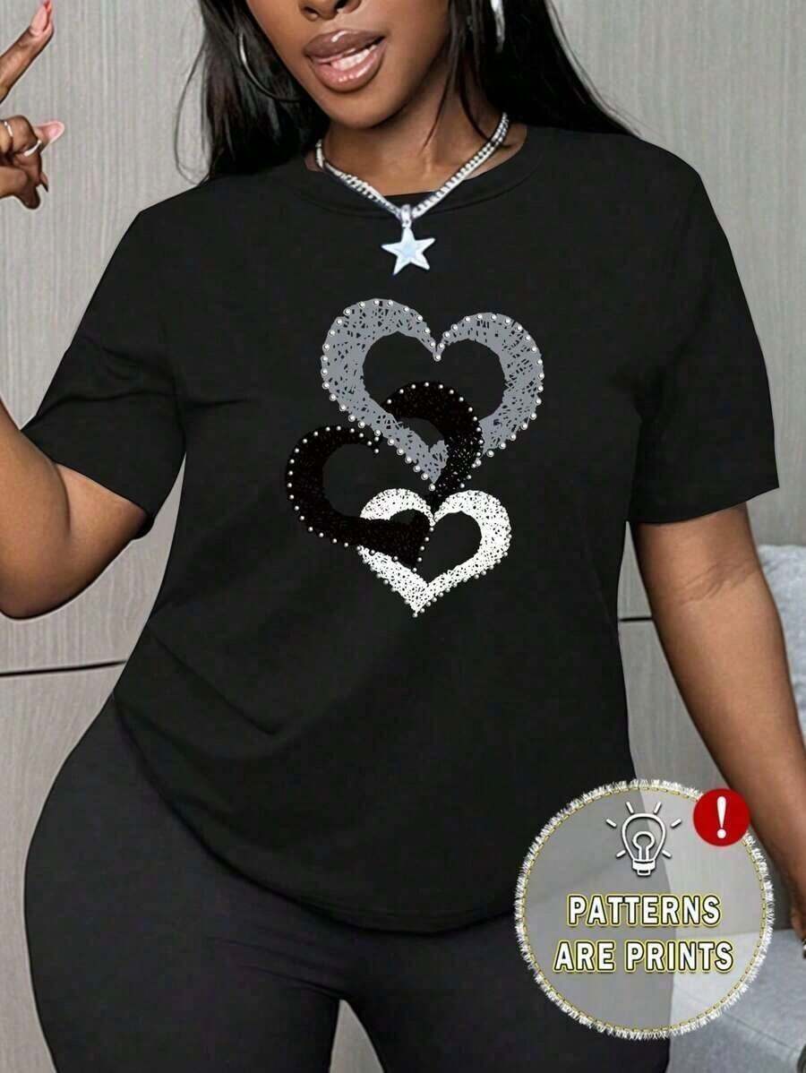 Cute Premium Unisex Casual T-Shirts, Women's Slim Fit Short Sleeve Casual T-Shirt With Heart Print, Men's And Women's Short Sleeve Casual T-Shirts - 黑色 2 - 查看 1