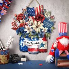 1pc July 4th Door Hanger Memorial Day Wooden Hanging Sign Red White And Blue American Wood Plaque For Home Wall Window 250th Anniversary Decor - Multicolor - View 1