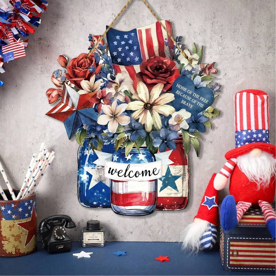 1pc July 4th Door Hanger Memorial Day Wooden Hanging Sign Red White And Blue American Wood Plaque For Home Wall Window 250th Anniversary Decor - Multicolor - View 1