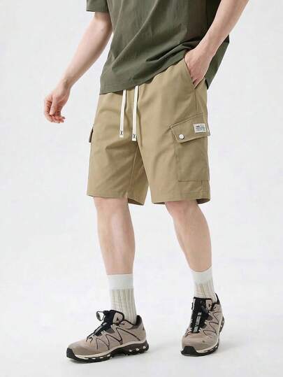 Men's Retro American Workwear Cargo Shorts, Summer Button Patch Multi-Pocket Elastic Drawstring Loose Straight Knee Length Pants, Streetwear Casual Shorts