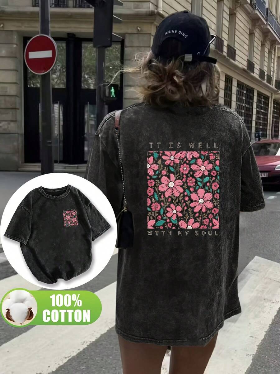 Camiseta Vintage Rosa con Flores Pintadas a Mano para Mujer Talla Grande - Blusa Oversize de Cuello Redondo y Manga Corta, Compatible con Blusas, Lavable a Máquina 100%, Ideal para Outfits Diarios, Viajes y Ropa Casual de Primavera/Verano - Negro - Ver 1