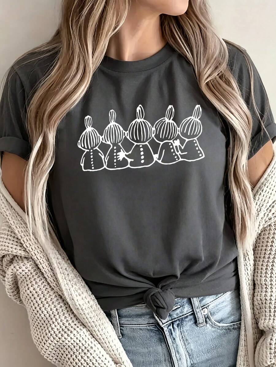 Women's Summer T-Shirt, Modern, Casual, With Creative Print, Short Sleeves And Round Neck. - 深灰色 - 查看 1