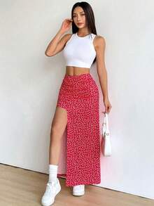 Falda larga con diseño floral pequeño y abertura en el dobladillo - Rojo - Ver 4