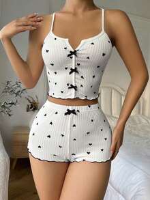 Top de pijama de mujer con estampado de corazones y decoración de moño - Blanco y Negro - Ver 5