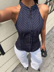 Camisa de mujer con estampado de rayas azules y blancas en todo el diseño, de estilo minimalista y casual, adecuada para vacaciones de primavera/verano - Azul marino - Ver 3