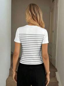 Camiseta de manga corta de cuello redondo ajustada con rayas blancas y negras, adecuada para primavera/verano - Multicolor 8 - Ver 2