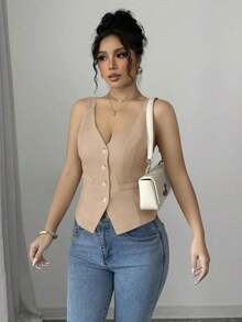 Camiseta sin mangas de un solo pecho de unicolor casual para mujer - Caqui - Ver 5
