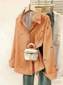 Camisa de manga larga con estampado a rayas y lazo, con botones delanteros, cuello de camisa, top casual, adecuado para primavera, otoño e invierno en color rosa - Naranja - Ver 11