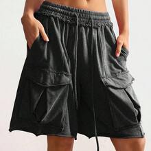 Women's Casual Drawstring Waist Cargo Pocket Loose Shorts - Negro - Ver 5