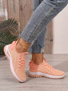 Breathable Mesh Sneakers] Lightweight Breathable Mesh Sneakers EVA Sole, Comfortable Ankle Support, Lace-Up Low-Top Running & Tennis Shoes For Men And Women, Retro Style, All-Season Wear, Fitness Wear,The Elegant Ladies' Sports Shoes Are Perfect For Wearing On Halloween. They Are A Must-Have Item For Your Outfit. - Hồng - Xem 3
