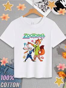 Disney Zootopia Collaboration Kids T-Shirt, Boys And Girls Summer Short Sleeve, Judy Nick Cute Print Top - Children's Summer Round Neck Cotton T-Shirt, Cotton Clothes For Kids Boy, Perfect For Outdoor Casual Wear - trắng - Xem 3