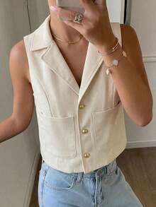 Chaqueta ajustada sin mangas de cuello redondo de unicolor para mujer, primavera/verano - Albaricoque 4 - Ver 3