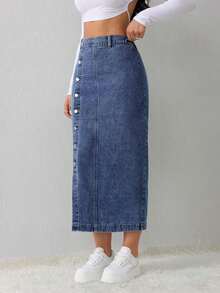 Tall Falda vaquera de mujer, casual, suelta, con abertura lateral, falda midi azul, falda larga para mujeres, falda azul claro, falda azul, ropa de invierno para mujer - Azul lavado oscuro - Ver 5