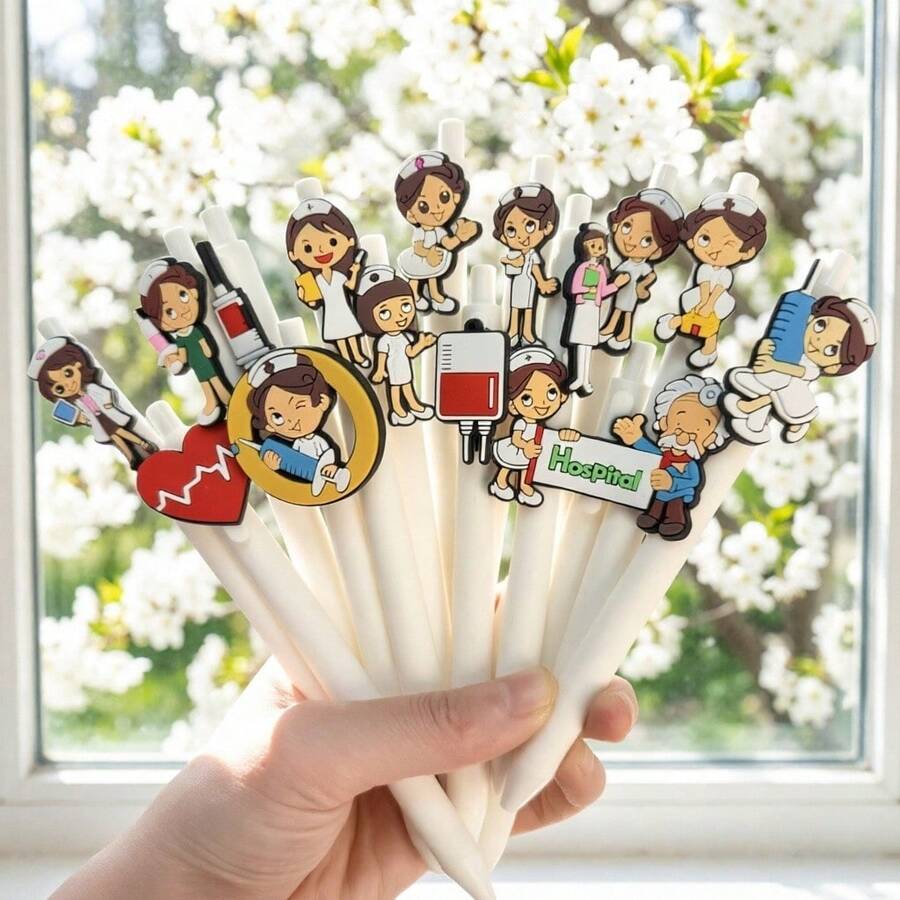 3/10pcs Nurse Doctor Theme PVC Soft Gel Pen Set - Random Styles , Multiple Medical Cartoon Designs, Durable Plastic Pens For Office And Hospital Use - Fun Gift For Medical Workers And Students, Exclusive Stationery For Nurses - Multicolor - View 1