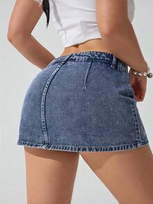Minifalda de jean de moda con decoración de botón en la cintura para mujer - Azul lavado medio - Ver 2