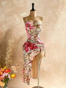 Vestido de mujer con textura de gofre tejido, diseño ajustado con abertura y cordón, adecuado para fiesta, cita, sexy, té de la tarde, playa, verano, festival de música, temporada de bodas - Multicolor - Ver 3