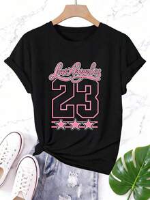 Women's Casual Short Sleeve Round Neck Drop Shoulder Black Knit Graphic T-Shirt With Los Angeles 23 Print HNUI - 黑色 - 查看 2