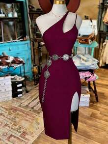 Vestido midi ajustado de unicolor y sexy para mujer - Rojo violeta - Ver 6