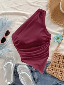 Blusa casual de unicolor con hombros oblicuos y ajustada, apropiada para el verano - Multicolor 4 - Ver 1