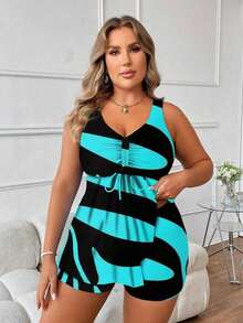 Swim Lushoire Vestido de baño con estampado de mármol para playa de talla grande y pantalones cortos de baño sólidos - Negro - Ver 5