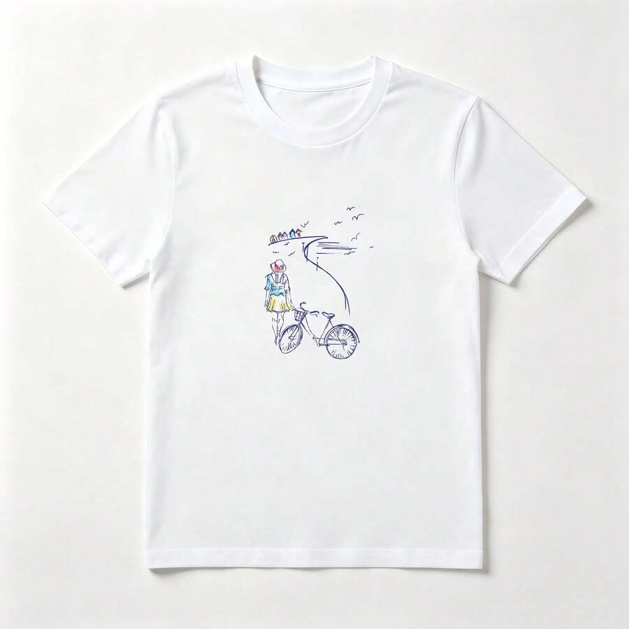 Camiseta Algodón Estampado Chica y Bicicleta - Diseño Ilustración Casual - Blanco - Ver 1