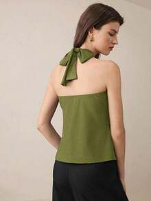 Top con cuello de halter, diseño de botón de metal verde, abertura lateral, elegante y chic para uso urbano y diario, estilo romántico retro de los 90.Adecuado para Navidad, Año Nuevo, San Valentín, fiestas, playa, graduación, moda, carnaval, bod - Verde 2 - Ver 2
