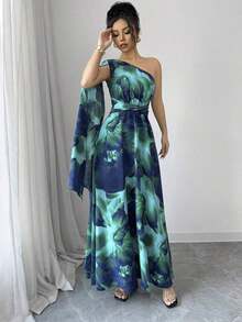 Vestido elegante de talle alto con hombro asimétrico, abertura lateral y estampado aleatorio, estilo fashionable para vacaciones - Multicolor - Ver 4
