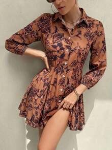 GENKIRA Vestido camisero con estampado todo sobre y cinturón, atuendos de trabajo y vacaciones para mujer - Multicolor 4 - Ver 5