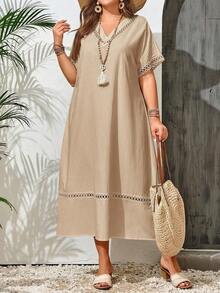 Vestido casual holgado de unicolor con cuello en V y mangas cortas para mujer de talla grande - Albaricoque - Ver 3