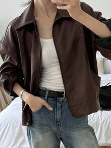 de cuero casual suelta con cremallera en la solapa, chaqueta exterior de manga larga - Marrón - Ver 9
