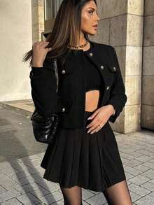 Chaqueta minimalista de mujer de unicolor con botones delanteros y mangas largas, elegante y casual, ligera para primavera y otoño, color negro - Negro - Ver 2