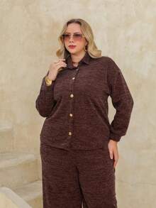 Cecilia Women's Plus Size 2-Piece Knit Set, Elegant And Comfortable Ribbed Knit, Winter 2026; Women's Plus Size Set (G1 G2); Long Blazer Jacket, Covers Buttocks, Long Sleeves With Cuffs, Buttons And Functional Pocket; Women's Wide Leg Pants, High Waist With Elastic Waistband; Women's Casual Chic, Sophisticated, Modern, Versatile And Timeless Set; Complete Women's Look, Comfortable, Warm And Cozy For Cold Weather; Women's Plus Size Clothing For Work, Outings, Dinners, Travel, Everyday Wear; Women's Set With Perfect Fit And Soft Touch; Women's Set In Black, Brown, Marsala, And Military Green; Women's Autumn/Winter Set, Immediate Shipping, New Release 2026; Elegant Plus Size Women's Clothing; Stylish, Practical And Comfortable Women's Set; Premium Women's Set With Freedom Of Movement, Immediate Shipping - Rỉ Nâu - Xem 2