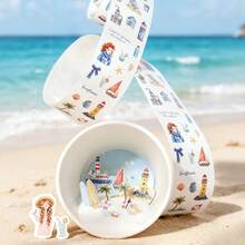1 Roll Die-Cut Washi Tape, Travel Theme Hand-Drawn Illustrations Decorative Stickers, Suitable For Journaling, Notebooks, Scrapbooking, Albums, Photo DIY, Watercolor Style People/Camping/Beach Patterns, Essential For Students Back To School Season - 1 Roll - View 3