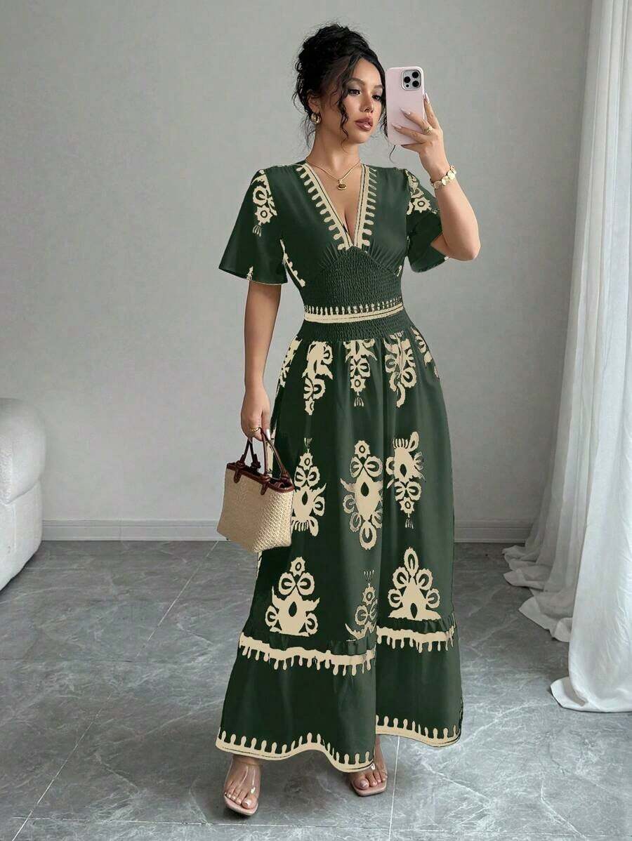 Vestido largo con mangas cortas, cintura fruncida y cinturón con estampado floral para mujeres - Multicolor 3 - Ver 1